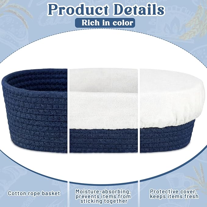 4 Pcs 10 Inch Cotton Rope Banneton Bread Proofing Basket Set Oval Banneton Basket Sourdough Bread with Liners Covers for Baking Supplies (Blue Tones)