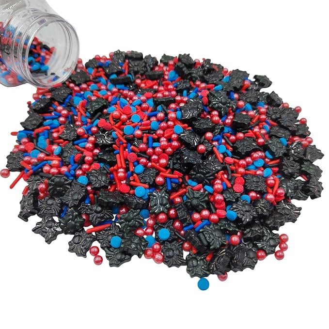 Edible Spider Sprinkles, Red Blue Black Sprinkles for Cake Decorating, Pearls Jimmies and Round Cake Decoration for Cake Cupcake Toppers, Baking, Cookie, Birthday Party Halloween Supplies