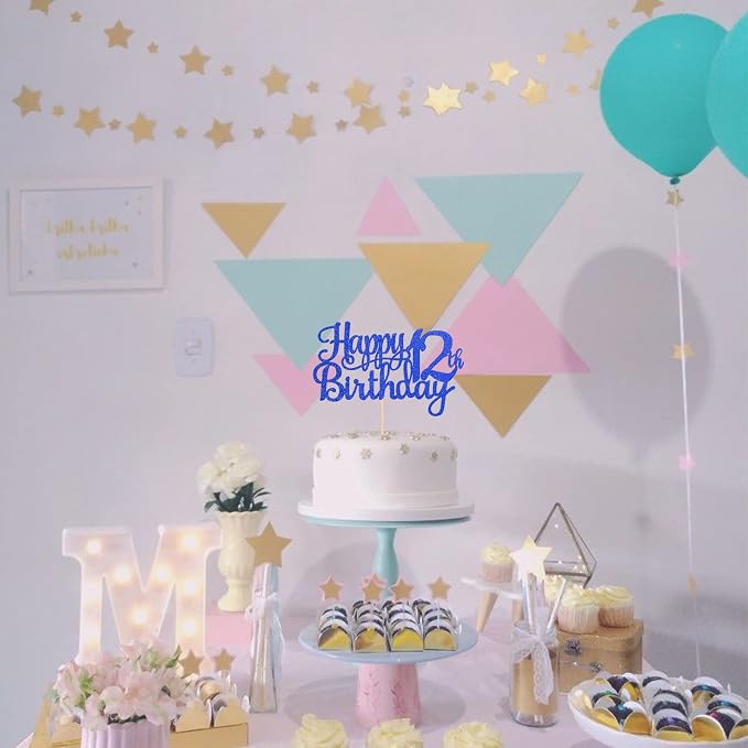 1 PCS Happy 12th Birthday Cake Topper Glitter Cheers to 12 Years Birthday Cake Pick 12 Fabulous Cake Decoration for Happy 13th Birthday Theme Party Decorations Supplies Blue