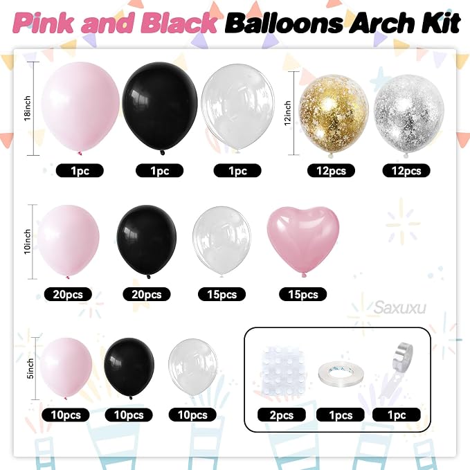 Pink and Black Balloon Arch Kit, Black Pink Balloons Garland Arch Kit, Macaron Heart Latex Balloons, Gold Silver Confetti Balloon For Girl Women Birthday Valentine's Day Mother's Day Party Wedding