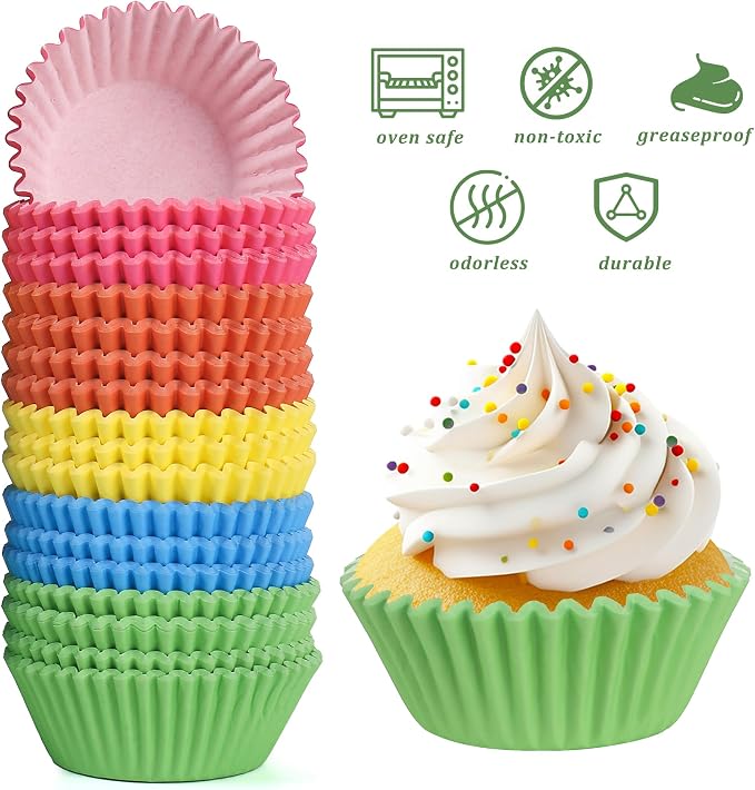 1000 Count Rainbow Paper Cupcake Liners, Standard Cupcake Liners for Baking, Natural, Food-grade Cupcake Wrapper, Greaseproof Parchment Muffin Liners (Rainbow, 2 Inch)