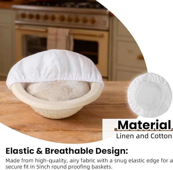 10-Pack Elastic Bread Proofing Basket Covers - Premium Linen & Cotton Liners for 5-Inch Round Baskets, Non-Stick, Breathable Fermentation Cloth for Sourdough & Artisan Baking