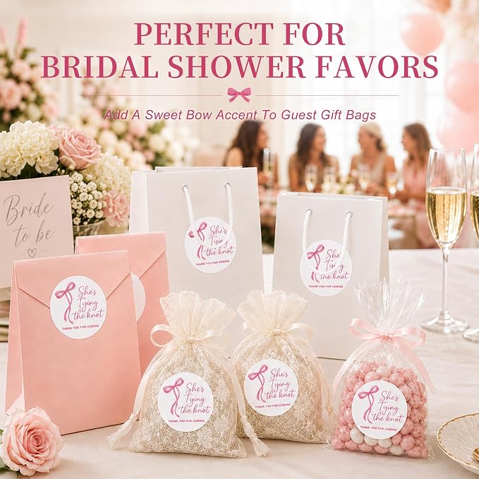 120 Bridal Shower Stickers, She's Tying the Knot Thank You Favor Stickers, Pink Bow Bride Sticker Labels for Bride to Be, Bridal Shower Favors, Gift Bags, Favor Boxes, Engagement Party, 1.6 Inch