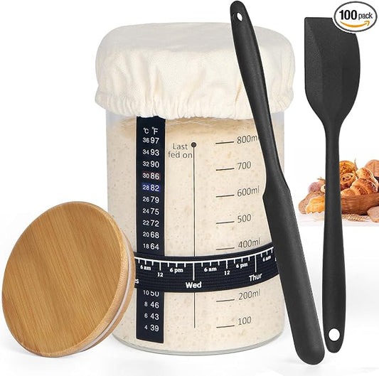 Sourdough Starter Jar Glass, 34 Oz DIY Wide-mouth Pro Sourdough Starter Jar Kit with Silicone Spatula,Cholkboard Sign, hermometer,Feeding Band,cloth cover, Reusable Sourdough Bread Baking Supplies.