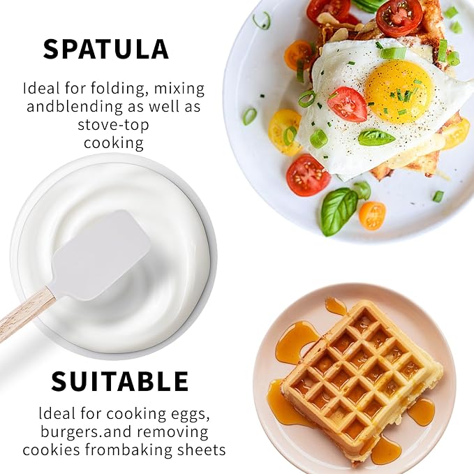 Ptanexx 5-Pcs Wooden Handle Silicone Spatula Set - Heat Resistant up to 428°F.Baking Spatulas for Batter Mixing, Cooking, Jar Scraping, Frosting & More | BPA FREE Gadgets for Non-Stick Cookware