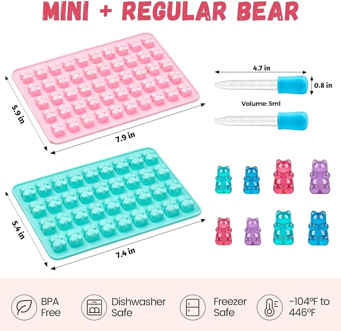 CAKETIME Gummy Bear Mold Silicone, Bear Snack Molds Gummies Trays Molds with Dropper for Candy Chocolate, 4Pcs Medium & Mini