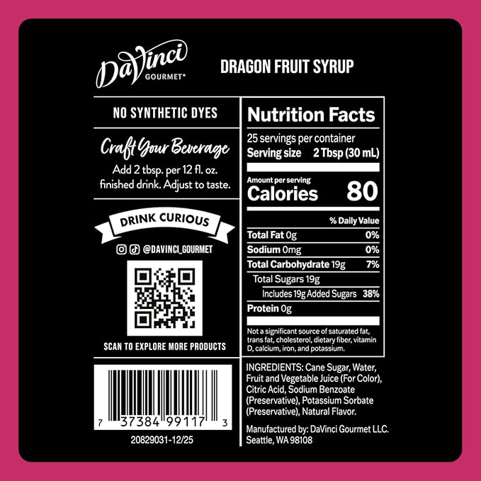 DaVinci Gourmet Dragon Fruit Syrup, 25.4 Fluid Ounces (Pack of 1)