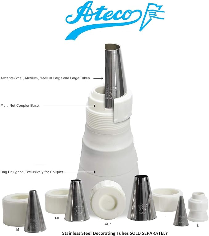 Ateco Universal Pastry Coupler and Cap Set | 7 Piece Set | Works with 250 Ateco decorating Tubes plus tips from other brands
