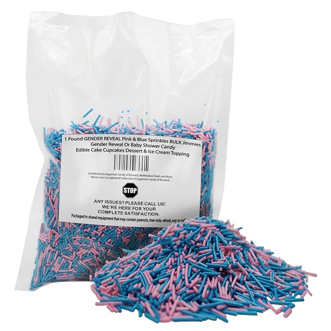 1 Pound GENDER REVEAL Pink & Blue Sprinkles BULK Jimmies - Gender Reveal Or Baby Shower Candy-Edible Cake Cupcakes Dessert & Ice Cream Topping