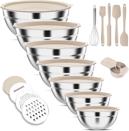ENVTEK 7-Piece Stainless Steel Mixing Bowls Set with Lids & 3 Grater Attachments – Size 4.5, 4, 3.5, 2.1, 1.5, 1.1, 0.7QT, Kitchen Gadgets Set for Cooking, Baking, and Serving, Khaki