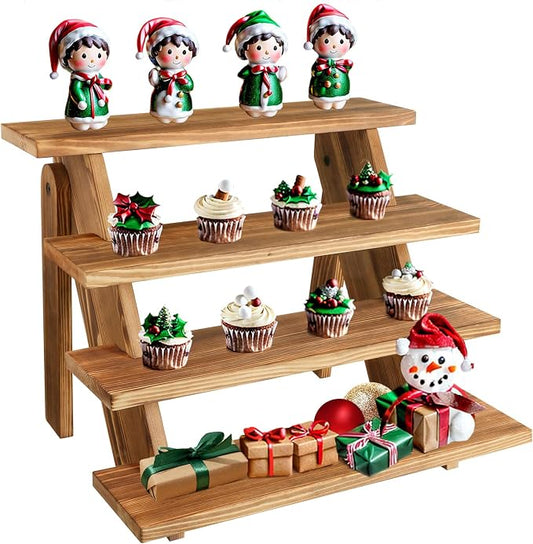 Wooden Cupcake Stand - 4 Tier Cupcake Display Stand, Rustic Tiered Display Stand, Tool Free Installation Cupcake Stand for Baby Shower Decorations Birthday Party Supplies(Pine Wood)