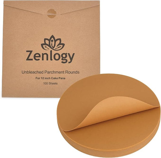 Zenlogy 12 Inch Parchment Paper Rounds (100 Sheets) - Unbleached, Pre-cut, High Heat, Round Liners - Fits 12 inch Round Cake Pans, Pizza Pans, and Air Fryer