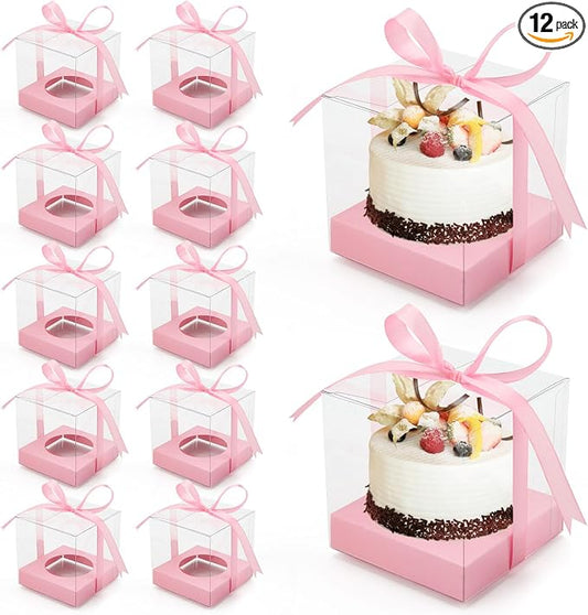 12 Pack Clear Plastic Cupcake Boxes, 3.5 Inch Gold Single Cupcake Containers Disposable Individual Cup Cake Carrier Holder Boxes with Inserts and Ribbon (Pink)