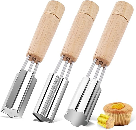 SHANGSKY Pastry Cutter Wheel Cupcake Corer Stainless Steel, 3 Pcs Cupcake Filler Tools, Heart Star Flower Type Sandwich Cupcake Filler Tools, Kitchen Cake Baking Filling and Decorating