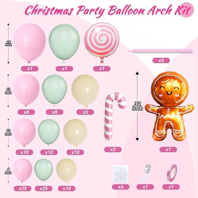 Christmas Balloon Arch Kit, Pink Green Ivory White Balloons with Gingerbread Man Candy Lollipop Foil Balloons for Christmas Party Decorations New Year Party Supplies