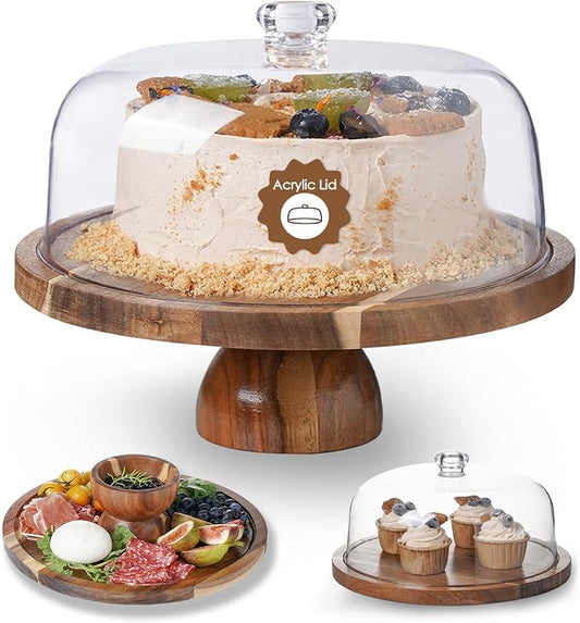 Kanwone Acacia Wood Cake Stand with Acrylic Lid - 12in Cake Plate, Multi-Functional Dessert Table Display Set, Charcuterie Board, Cake Holder with Dome, Detachable Design