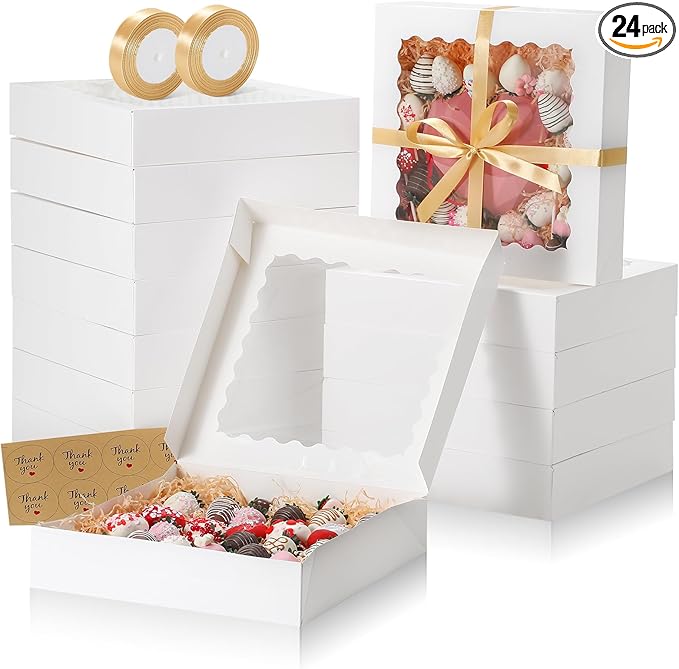 24 Pack Pie Boxes, 12x12x2.5 Inch Bakery Boxes with Window, White Auto-Popup Cookie Box with Ribbon and Sticks for Treats, Pies, Muffins, Donuts and Pastries