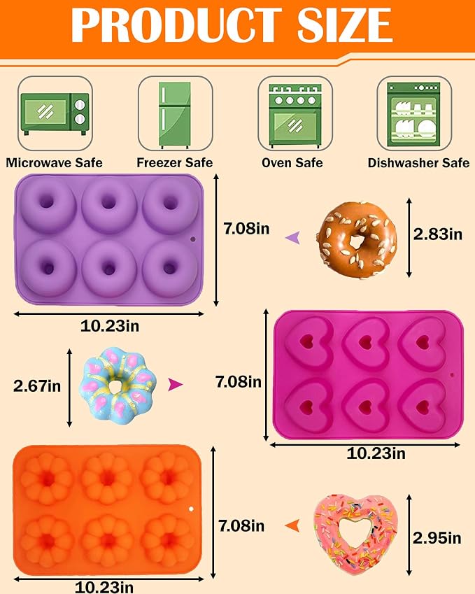 Silicone Donut Pan 3pcs Non-Stick Doughnuts Baking Pans for Donuts, 6 Cavity Fluted Tube Cake Silicone Mold for Baking (Orange+Pink+Purple)