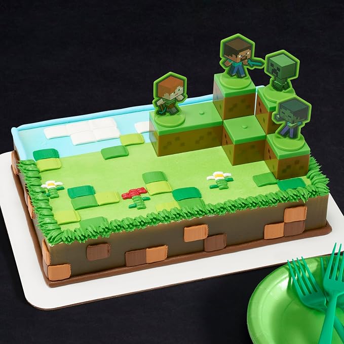 DecoSet® Mobs Beware Minecraft Cake-Topper, 6-Piece Stackable Cake-Decoration, Interlocking 3D Blocks With Characters, Food Safe Birthday Cake Decoration, 2.8 inches (W) x 2.8 inches (H) (Pack of 2)