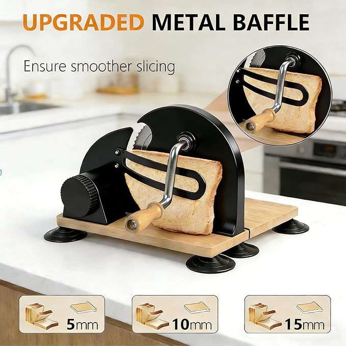 Manual Bread Slicer for Sourdough Bread, Adjustable Thickness Foldable Bread Cutter with Hand Crank, Stainless Steel Blade, Black