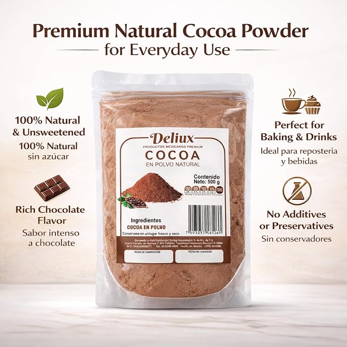 Deliux Cocoa Powder Cacao En Polvo 100% Natural Oaxaca Artisanal 500g Unsweetened Mexican Cocoa
