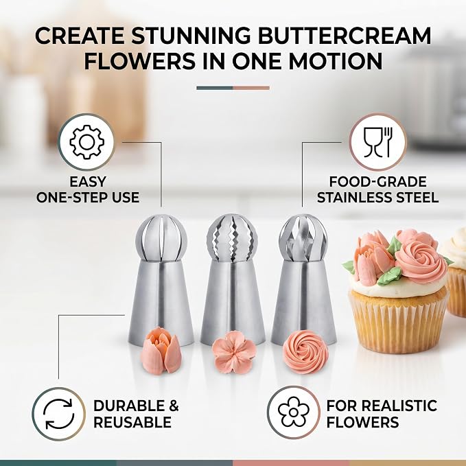 Russian Piping Tips Set 3 Pcs Stainless Steel, Icing Nozzles for Cake Cupcake Decorating Baking Tools