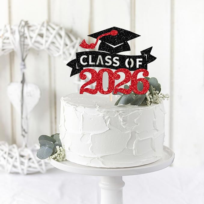 1 Pack Class of 2026 Cake Topper Glitter Congrats Grad Cap 2026 Graduation Cake Pick for 2026 Graduation Theme High School Boys Girls Graduate Party Cake Decorations Supplies Red Black