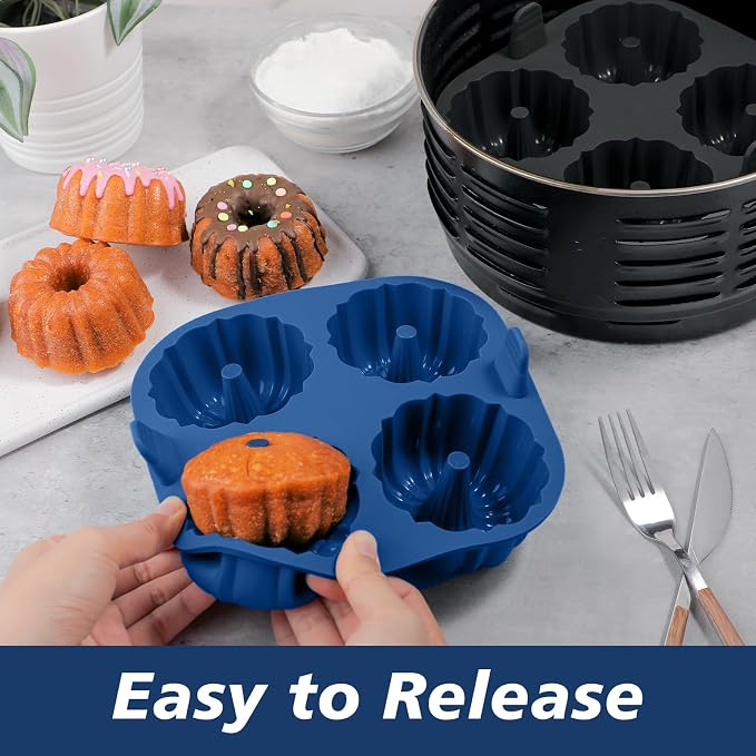 Webake Silicone Air Fryer Fluted Cake Pan for Baking, Nonstick BPA Free Fluted Tube Cake Pans, 4-Cavity, Set of 2