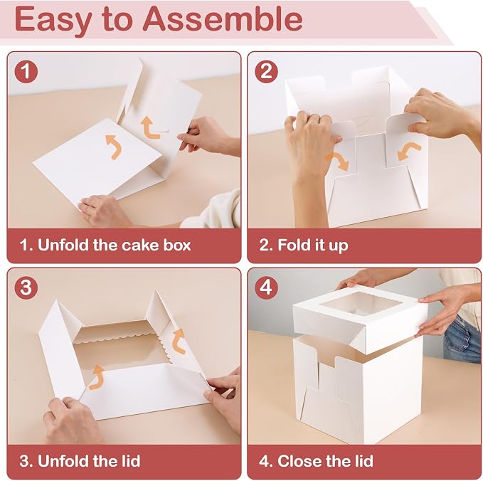 WINKIO Cake Box with Cake Boards, 2 Pack 8 In Disposable Cake Carrier, Cakes Transport Container, White Bakery Holder with Window (2, white, 8x8x8 Inches)