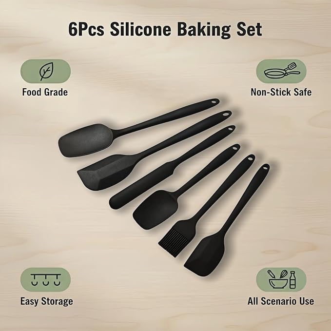 6-Piece Silicone Spatula Set, Heat Resistant Up to 230°C, Non-Scratch Non-Stick Cookware, Seamless One-Piece Design,with Pastry Brush for Baking Cooking Mixing (Black)