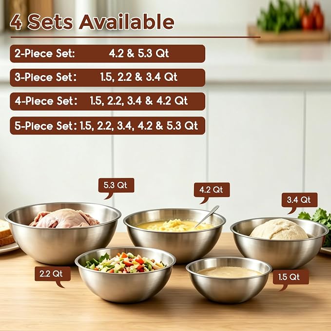 Gronivex 304 Stainless Steel Mixing Bowls, 2-Piece (4.2 & 5.3 Qt) | Thicker-Gauge, Food-Grade Metal, Stackable & Space-Saving – Extra-Large for Bread Dough, Whole Chicken & Big-Batch Cooking