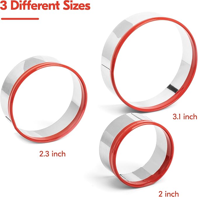 3Pcs Round Cookie Cutters, Biscuit Cutter Set, Circle Cookie Cutters for Baking, 0.4MM Thickness Heavy Duty Food-Grade Stainless Steel, Unique Design with Protective Red Top Rubber