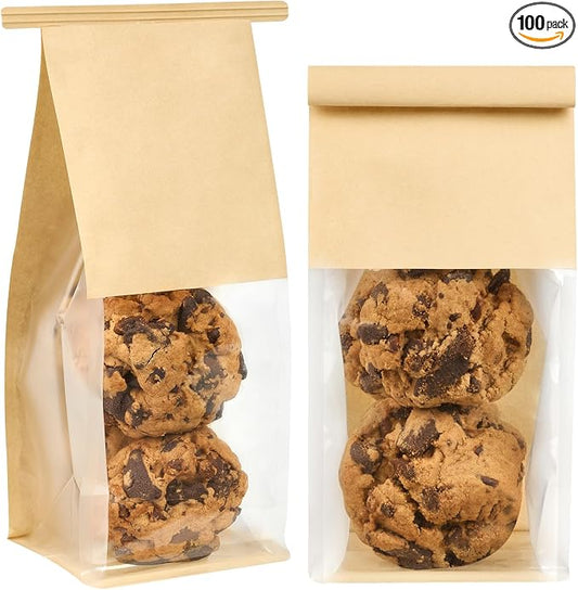 Ocmoiy 100 Pack Small Cookie Bags with Window, 3.9x3.5x9.5 Inches Tin Tie Tab Lock Bakery Packaging Bag, Resealable Paper Pastry Bags for Homemade Granola, Popcorn, Candies, Treat