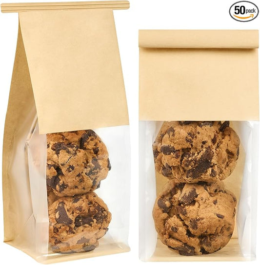 Ocmoiy 50 Pack Small Cookie Bags with Window, 3.9x3.5x9.5 Inches Tin Tie Tab Lock Bakery Packaging Bag, Resealable Paper Pastry Bags for Homemade Granola, Popcorn, Candies, Treat