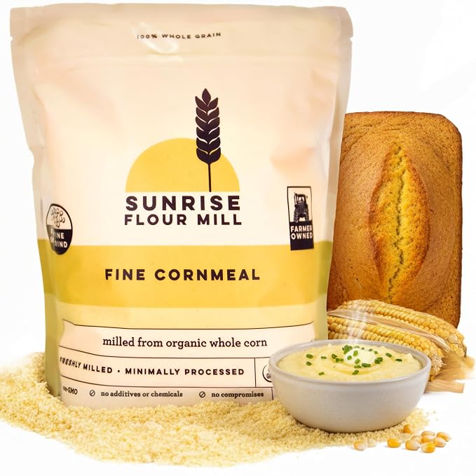 Sunrise Flour Mill Organic Fine Cornmeal | 2 LB | Yellow Cornmeal | Corn Flour | Fine Corn Meal | Milled from Organic Whole Kernel | No Artificial Ingredients | Non-Aluminum Baking Powder