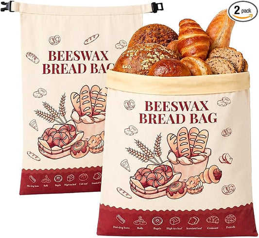 Bread Bags for Homemade Bread - 2 Pack XL Reusable Organic Beeswax Linen Cotton Sourdough Bread Bag, Eco-Friendly Bread Storage Bags with Sealing Zip to Keep Fresh, Perfect for Artisan & Bakery Bread