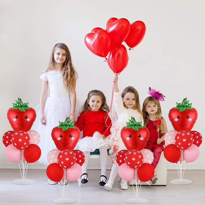 4 Sets Strawberry Party Balloons Stand Kit with Strawberry Foil Balloons Sweet 1st Party Balloon Centerpiece for Tables for Girls Birthday Baby Shower Decoration