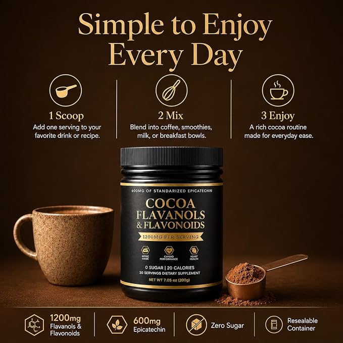 High Flavanol Cocoa Powder, 1200mg Cocoa Flavanols & Flavonoids with 600mg Epicatechin Per Serving, Non-Alkalized Cocoa, Zero Sugar, Vegan, Non-GMO, Gluten-Free, 200g