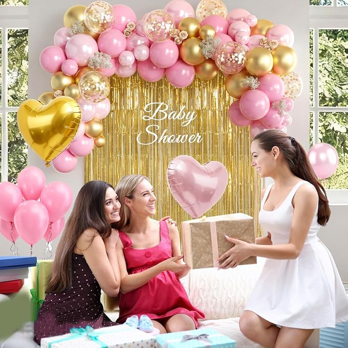 157PCS Pink and Gold Balloons Garland Arch Kit with Gold Fringe Curtain for Woman Girl Princess Engagement Bridal Shower Wedding Baby Shower Birthday Party Decorations