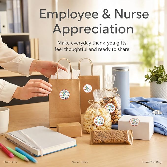 Thank You Treat Stickers 120PCS 1.6 Inch, Teacher Appreciation Labels for Dessert Table, Snack Bags, Employee Nurse Appreciation Gifts, Party Favor Stickers