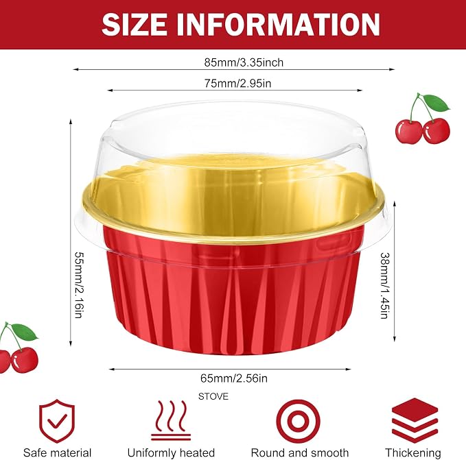 200 Pack Aluminum Foil Cupcake Liners with Lids, 5 oz Round Baking Cup, Disposable Ramekin Container for Graduation Wedding Independence Day Party(Red and Gold,Plain)
