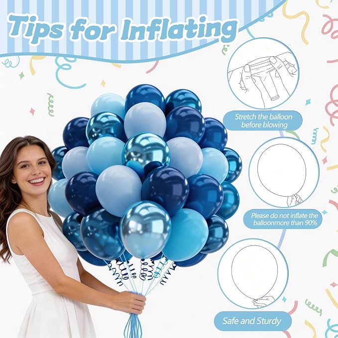 160Pcs 12 Inch Metallic Blue Balloons Chrome Navy Pearl Pastel Macaron Light Blue Latex Balloons for Birthday Wedding Baby Shower Graduation Party Decorations