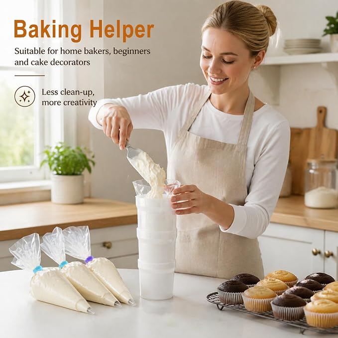 Hands-Free Piping Bag Holder Stand for Filling, Translucent Plastic Icing Bag Rack with 10 Pack Silicone Retaining Rings & Piping Tip Converter, Cake Decorating Baking Accessories