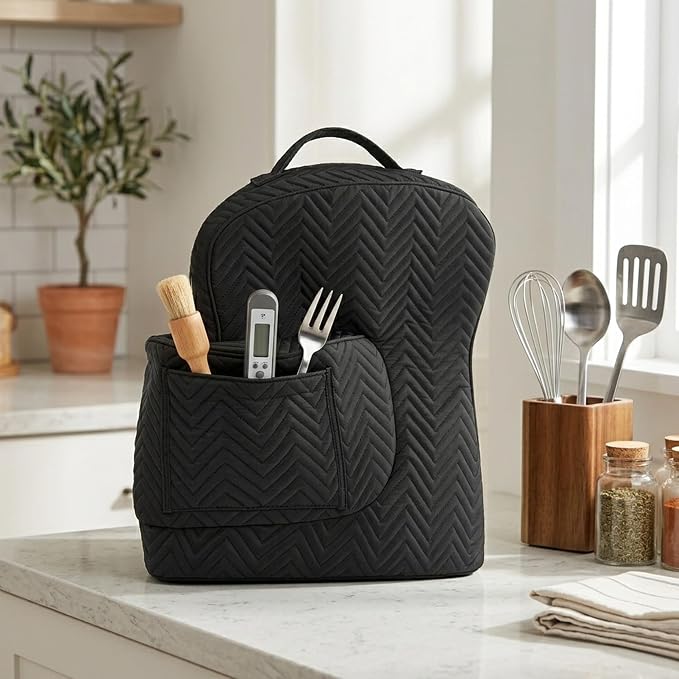 Stand Mixer Cover Compatible with KitchenAid Tilt-Head Mixer, Quilted Dust Cover with Zipper Back & Side Pockets, Protective Storage Bag for Mixer Accessories, Black