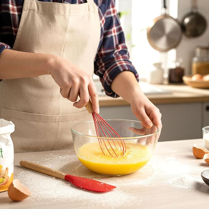 Funnymoom 12 Pcs Small Silicone Whisks and Spatulas with Wooden Handle for Cooking 10 Inch Mini Whisk Spatula Non Stick Kitchen Baking Essentials Cookware for Valentines Day Party Favor Gift Supplies