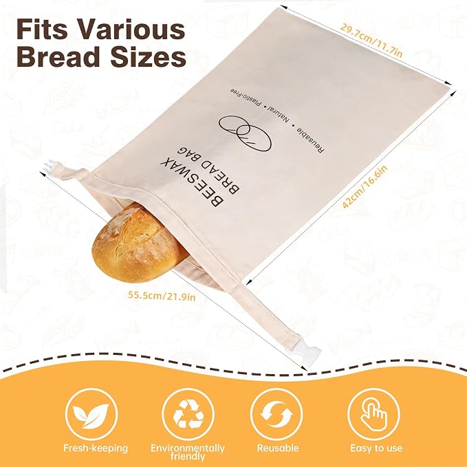 Beeswax Bread Bag for Sourdough, Reusable Beewax Bread Bag,1 Pack XL Organic Cotton Food Storage Cloth Bag, Keep Bread Fresh, Freezing Safe with Cleaning Brush-Care