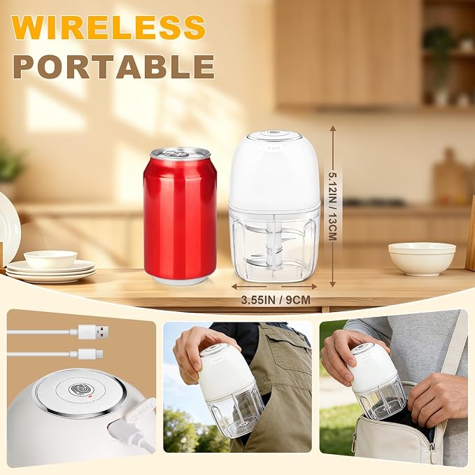Portable Electric Garlic Chopper, 2 Bowls(1 Cup&1.5 Cup) Cordless Mini Food Processor【Up-Durable Motor】【2 Sets 304 Stainless Steel Blade】Grind for Garlic,Onion,Meat,Baby Food,BPA FREE (White)