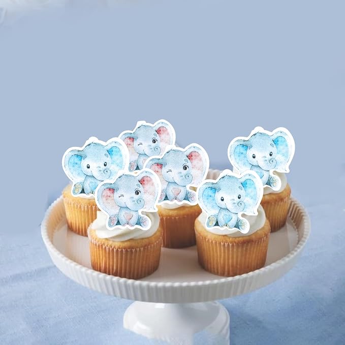 60 PCS Edible Elephant Cupcake Toppers Baby Shower Boy or Girl Cupcake Picks for Elephant Theme Gender Reveal Baby Shower Kids Boys Girls Birthday Party Cake Food Decorations Supplies Pink or Blue