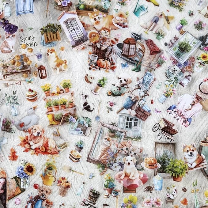 Scrapbook Sticker Book for Scrapbooking and Journaling, Country Cottage Scenery Pet Theme, 20 Sheets 3.9x5.9 inches, Precut Transparent PET Stickers for Junk Journal Supplies, Collage, Scrap Book