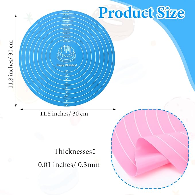 Qianyu 3Pcs Round Cake Turntable Mat Silicone Baking Mat with Measurements Reusable Silicone Baking Mats Non Stick Heat Resistant Pastry Bake Sheet for Pizza Pan Rolling Dough Pastry